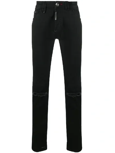 Philipp Plein Distressed Slim-fit Jeans In Black