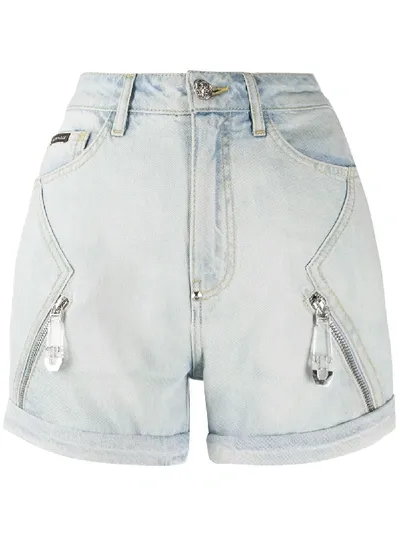 Philipp Plein Zip-embellished Denim Shorts In Blue