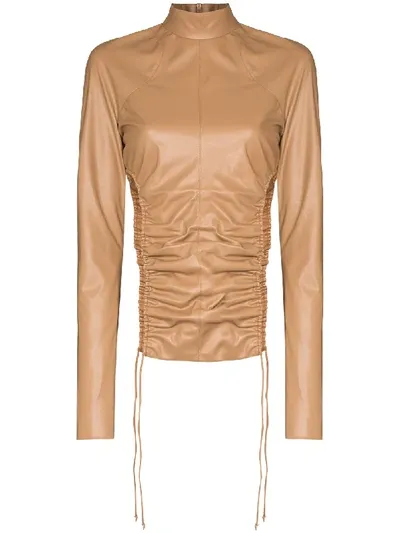 Aleksandre Akhalkatsishvili Ruched Faux Leather Blouse In Neutrals