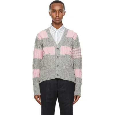 Thom Browne Pink & Grey Mohair Aran Cable 4-bar Cardigan