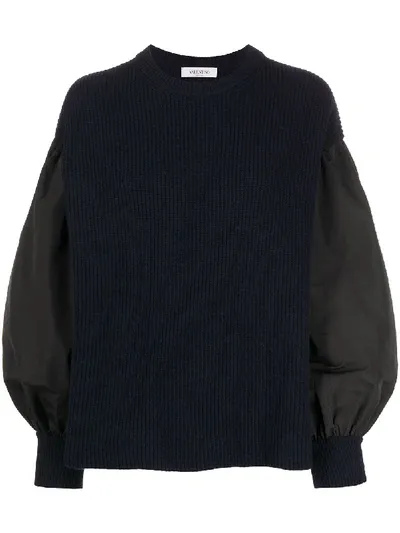 Valentino Contrast Bishop-sleeve Ribbed Knit Jumper In Blue