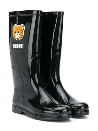 Moschino Kids' Teddy Bear Patch Rain Boots In Black