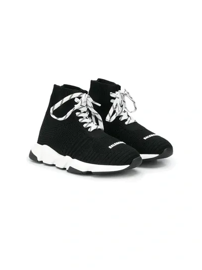 Balenciaga Kids' Speed Knit Lace-up Sneakers In Black White Black