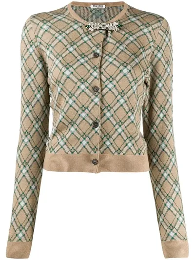 Miu Miu Embellished Checked Cardigan In Multi