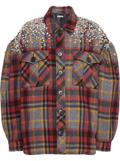 Miu Miu Crystal-embellished Plaid Jacket In Grey