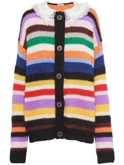 Miu Miu Lace Collar Striped Cardigan In Orange