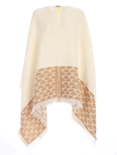 Elisabetta Franchi Fringes Cape In Brown And White In Neutrals