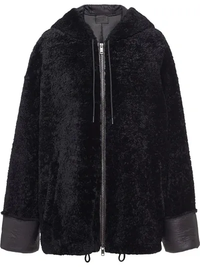 Prada Shearling Hooded Jacket In Black