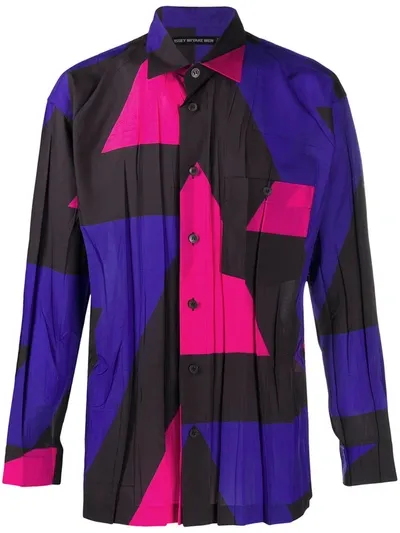 Issey Miyake Geometric-print Pleated Shirt In Blue