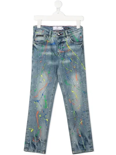 Philipp Plein Junior Kids' Supreme Paint-splatter Jeans In Blue