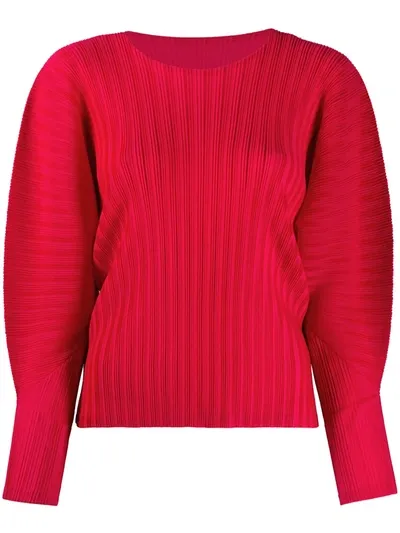 Issey Miyake Micro-pleated Long-sleeved Top In Red