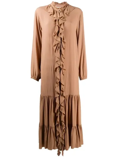 Semicouture Frilled-trim Midi Dress In Brown