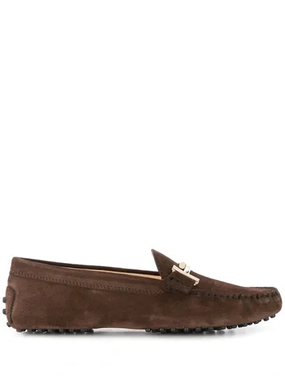 Tod's T Plaque Square-toe Loafers In Braun