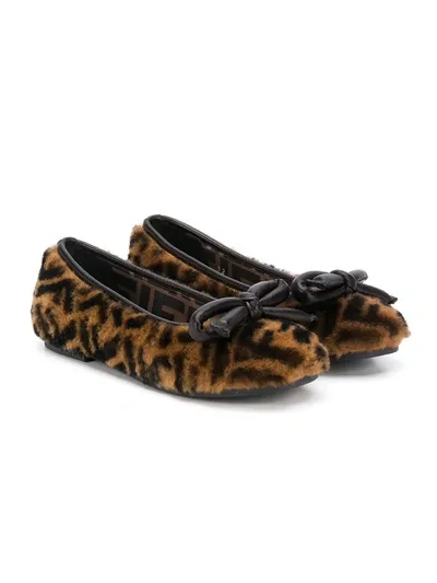 Fendi Kids' Ff Textured Ballerina Shoes In Brown