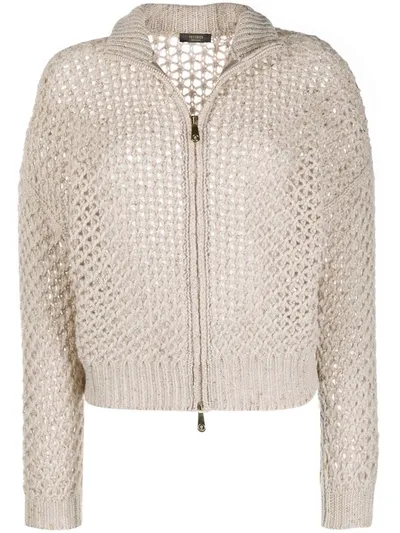 Peserico Zip-up Crochet Knit Jumper In Neutrals