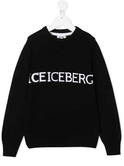 Iceberg Kids' Intarsia-knit Crew Neck Jumper In Black