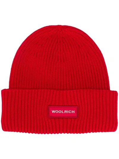 Woolrich Logo Patch Ribbed Knit Beanie In Red