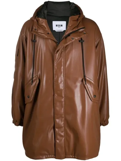 Msgm Faux-leather Hooded Coat In Braun