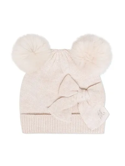 Monnalisa Kids' Pompom Beanie Hat In Neutrals