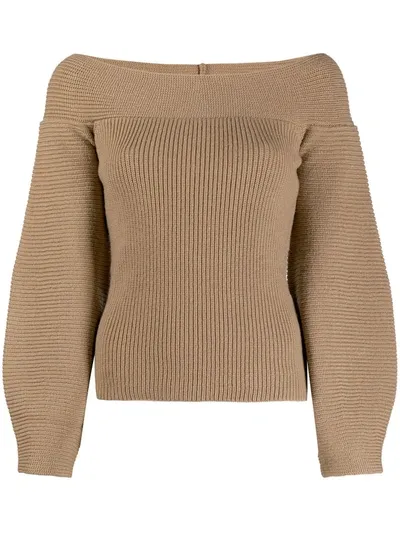 Elisabetta Franchi Off-shoulder Balloon Sleeve Jumper In Brown