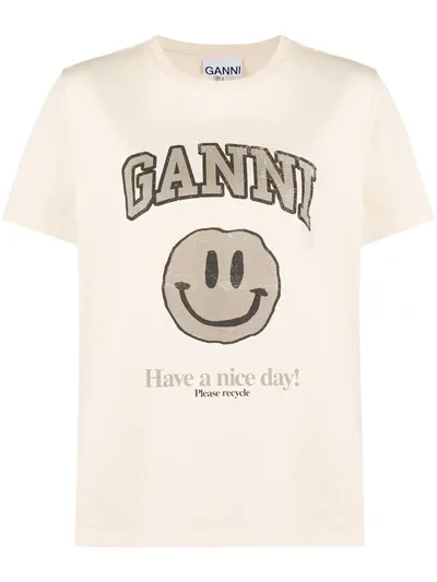 Ganni Logo-print T-shirt In Neutrals