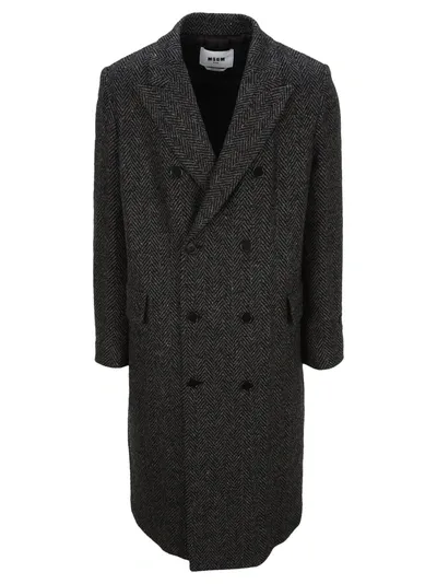 Msgm Double-breasted Mid-length Coat In Grey