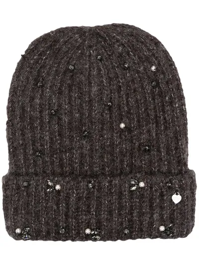 Twinset Ribbed Knit Embellished Beanie Hat In Grey