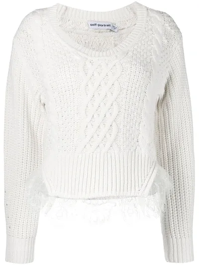 Self-portrait Lace-hem Cable Knit Sweater In White