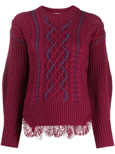 Self-portrait Lace-hem Cable Knit Sweater In Red