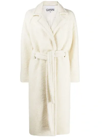 Ganni Brushed Belted Coat In White