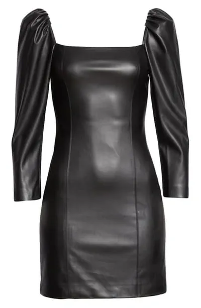 Alice And Olivia Frances Vegan Leather Puff Sleeve Mini Dress In Black