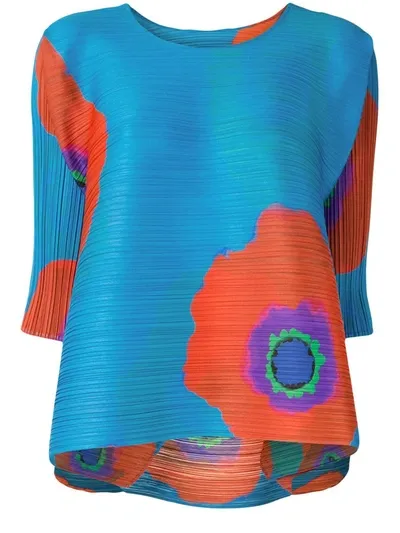 Issey Miyake Floral Print Pleated Blouse In Blue