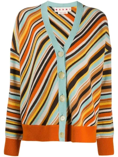 Marni Striped V-neck Cardigan In Orange