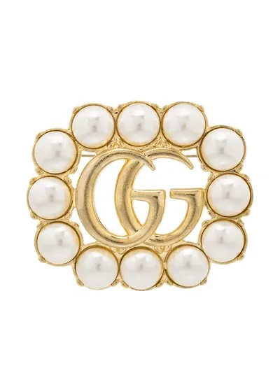 Gucci Double G Pearl-embellished Brooch In Gold