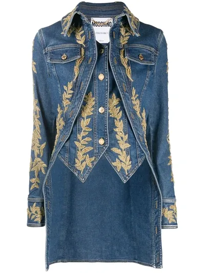 Moschino Brocade-detail Denim Shirt In Blue