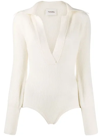 Nanushka V-neck Ribbed Knit Bodysuit In Neutrals