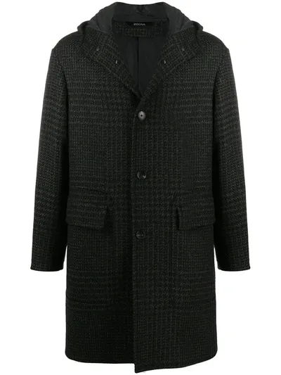 Z Zegna Hooded Houndstooth Coat In Brown