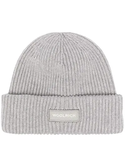 Woolrich Ribbed-knit Logo-patch Beanie In Grey