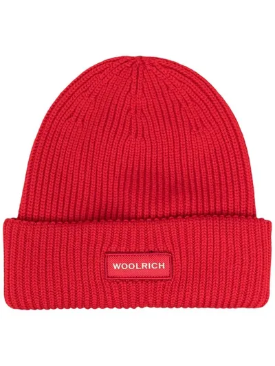 Woolrich Ribbed-knit Logo-patch Beanie In Red