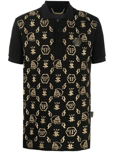 Philipp Plein Monogram Embroidery Polo Shirt In Black