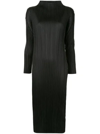 Issey Miyake Pleated Mock Neck Dress In Black