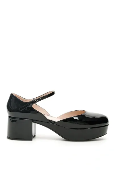 Miu Miu Platform Mary Jane Pumps In Black Patent Leather