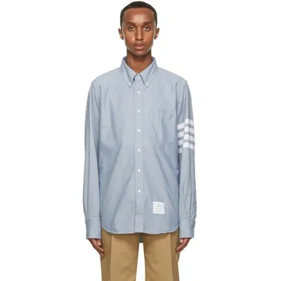 Thom Browne Light Blue Solid Flannel Shirting 4-bar Nametag Straight Fit Shirt In 480 Light Blue