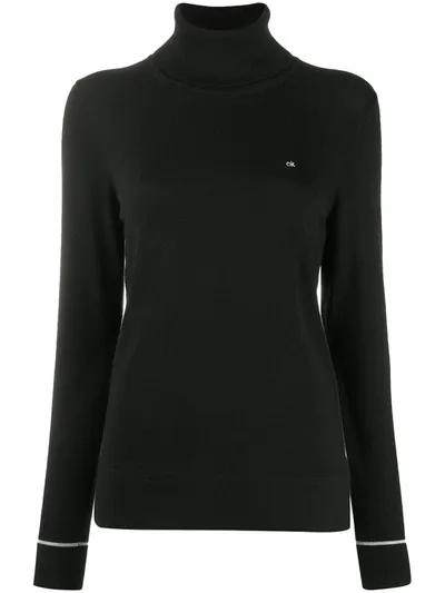 Calvin Klein Embroidered-logo Roll Neck Jumper In Black