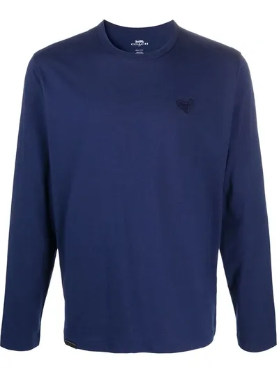 Coach Long-sleeved Embroidered Logo Sweater In Blue