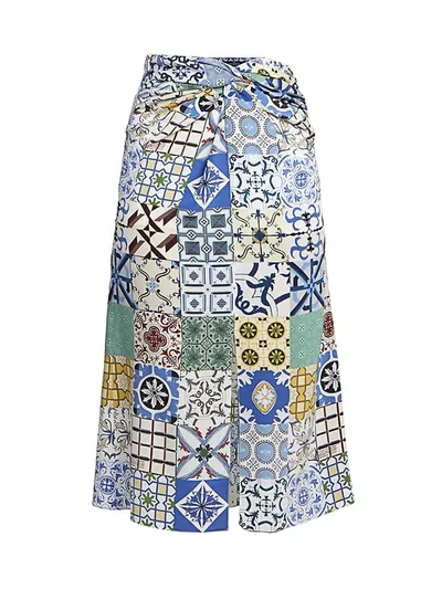 Rokh Twist-front Patchwork-effect Printed Silk Crepe De Chine Skirt In Blue Tiles