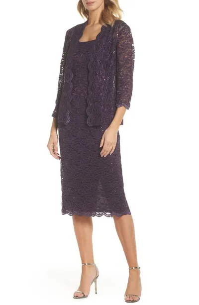 Alex Evenings Lace Cocktail Dress With Jacket In Eggplant