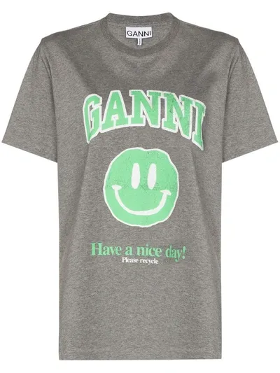 Ganni Smiley Logo-print T-shirt In Grey