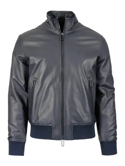 Emporio Armani Leather Bomber Jacket In Blue