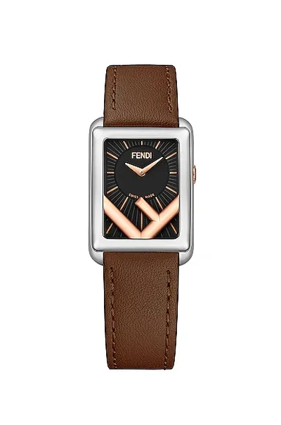 Fendi Run Away Rectangle Leather Strap Watch, 22.5mm X 32mm In Black